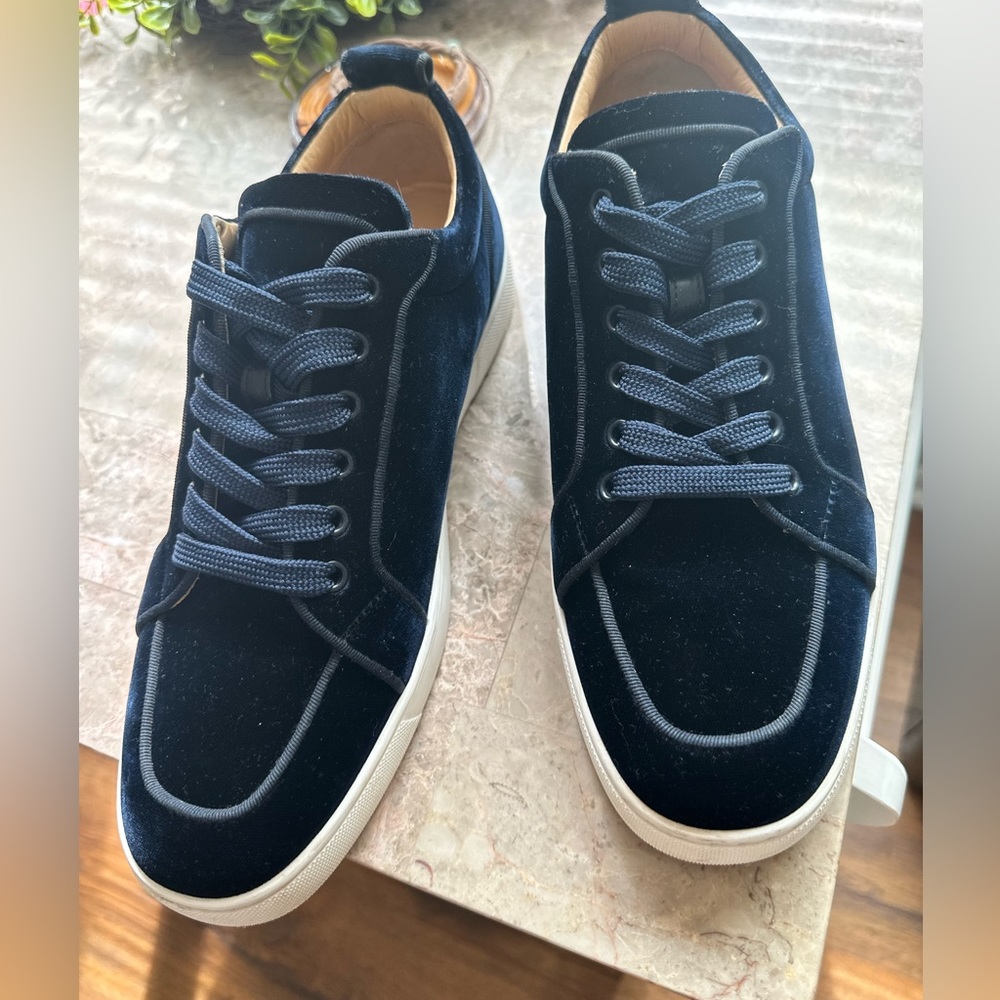 Men’s Christian Louboutin navy blue suede red bottom sneakers